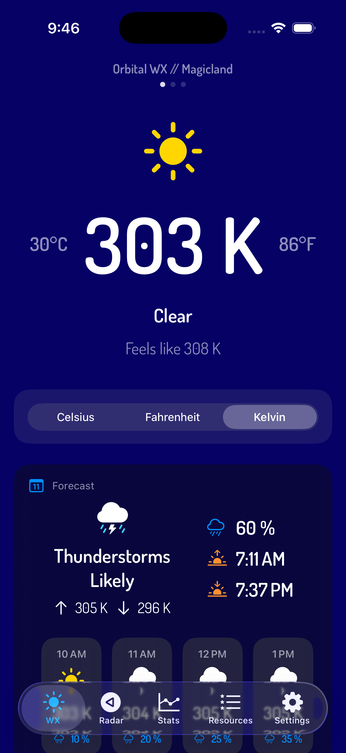 App experience set to Kelvin + Metric
